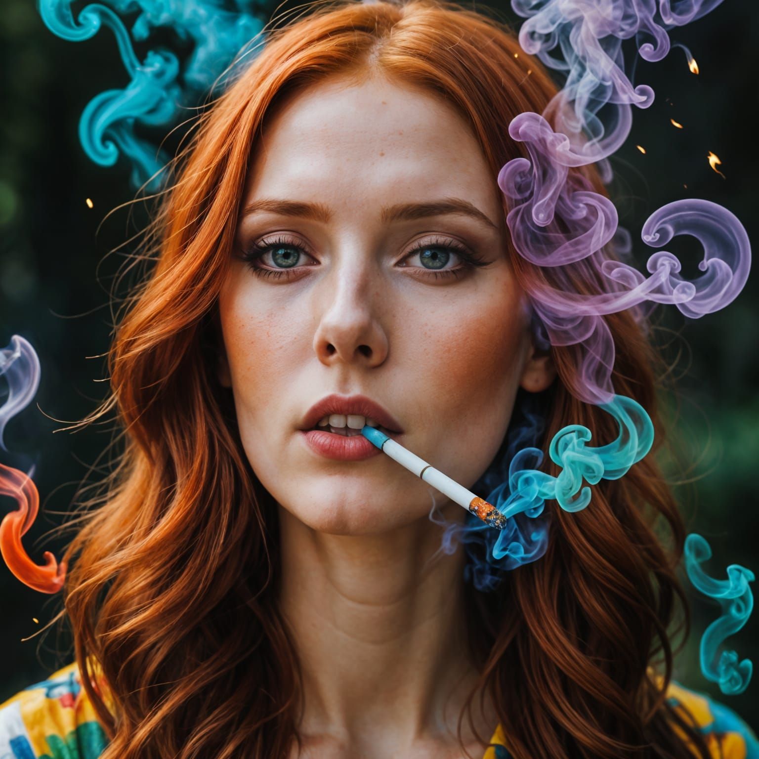 Woman Exhaling Prismatic Smoke