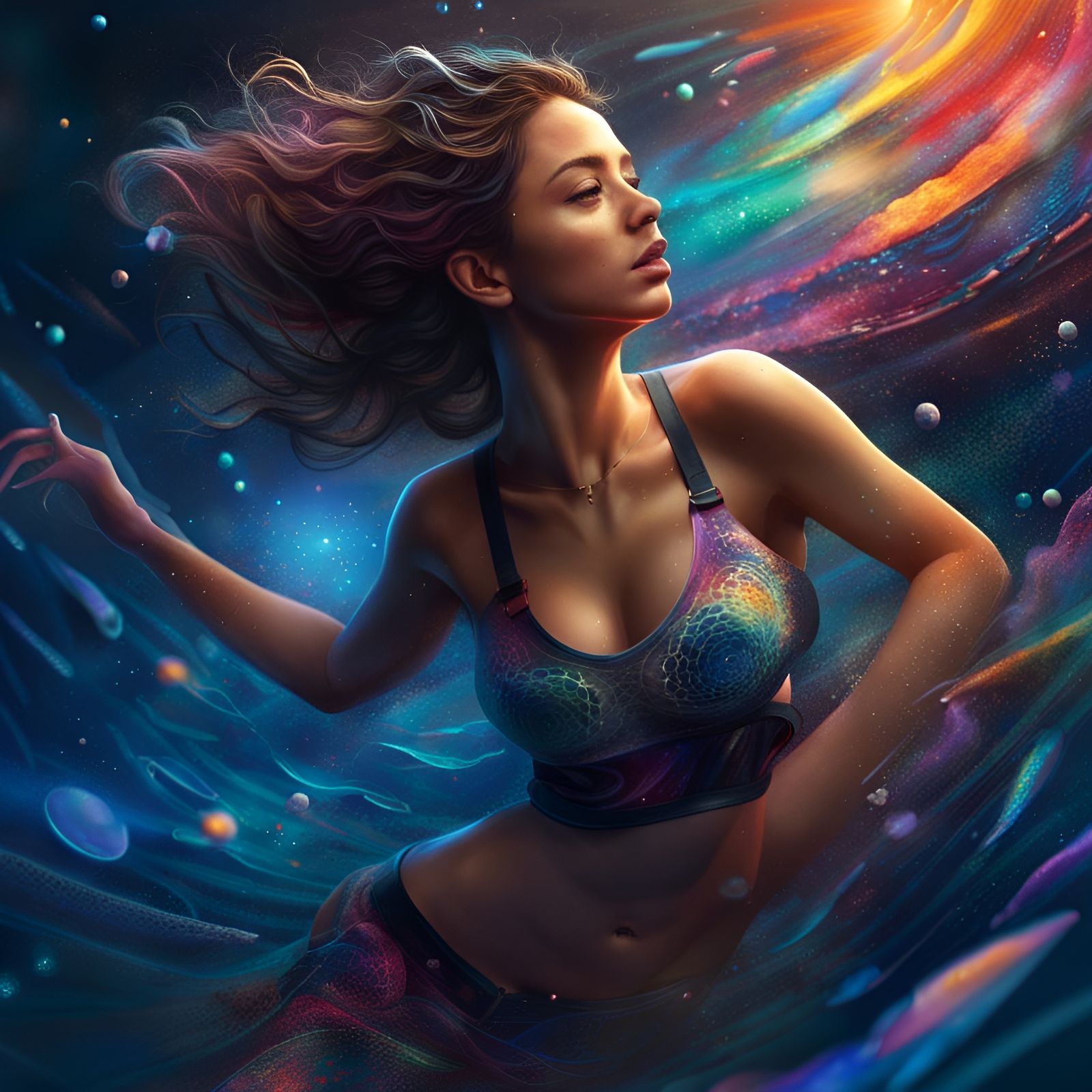 Cosmic Girl Drifts in Hyperrealistic Splash Art