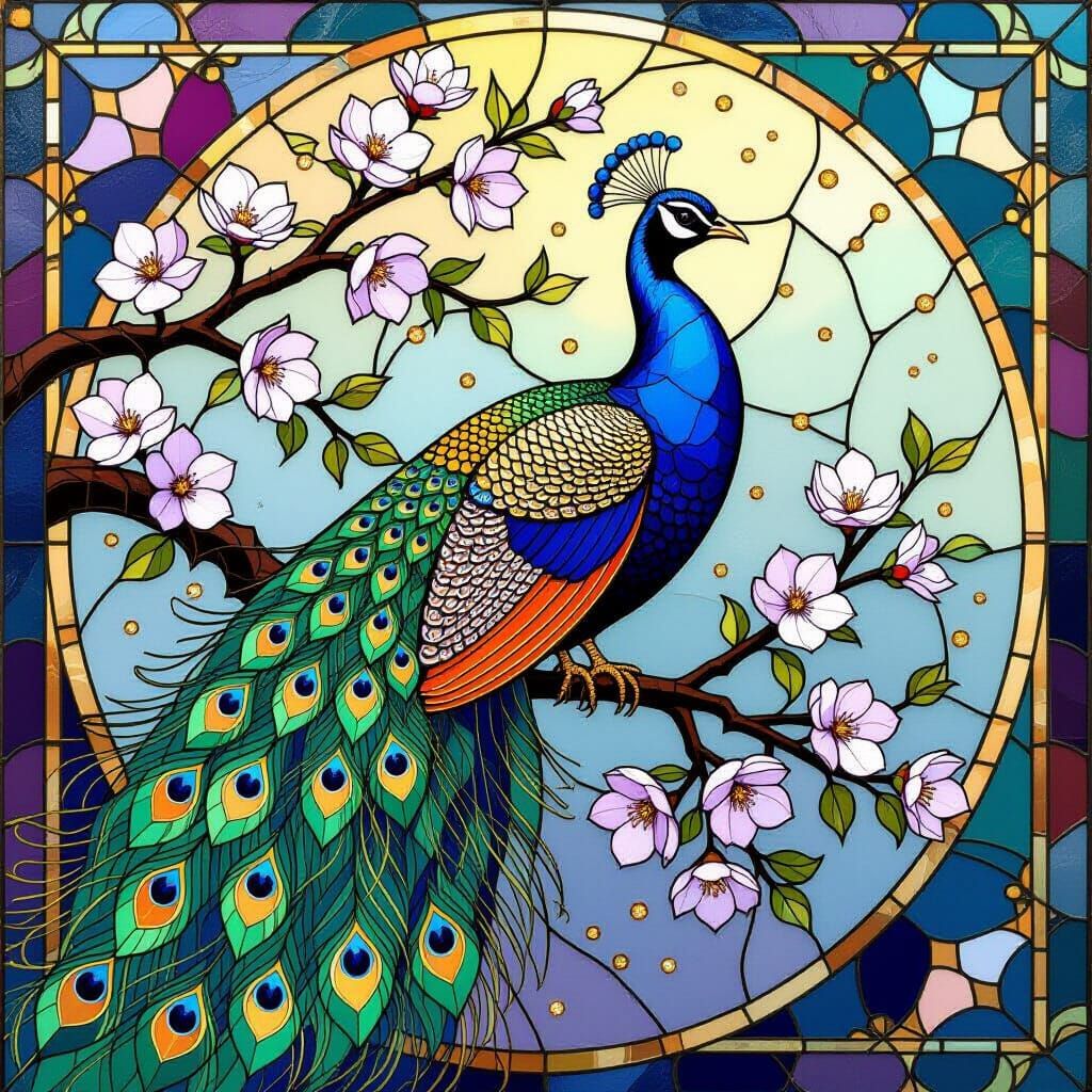 Peacock Among Cherry Blossoms: Stained Glass Art Nouveau Mos...