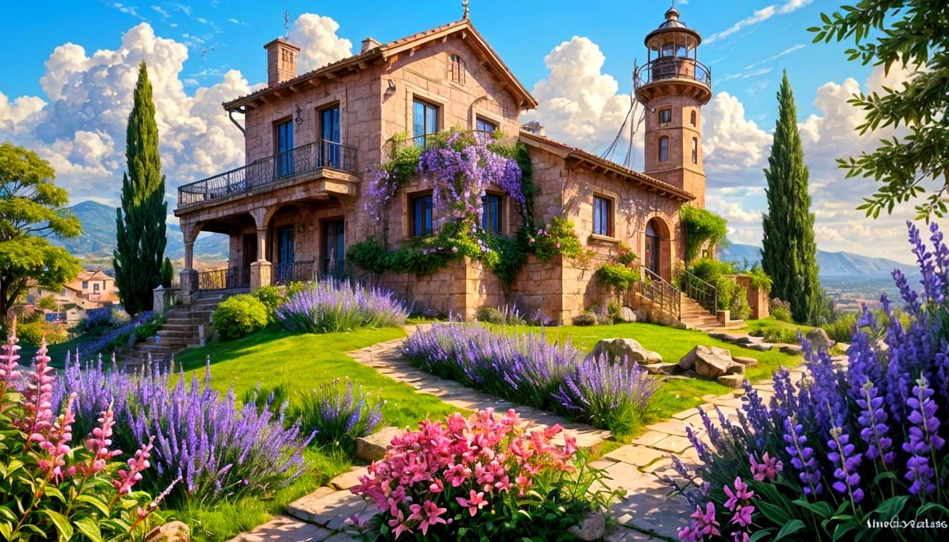 Vibrant Mediterranean Oasis with Lavender and Vibrant Blooms