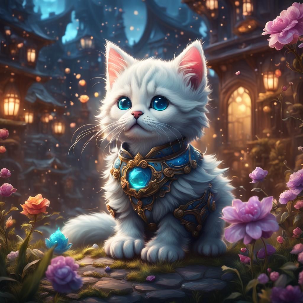 Magical Whimsical Kitten in Vibrant Fantasy Scene