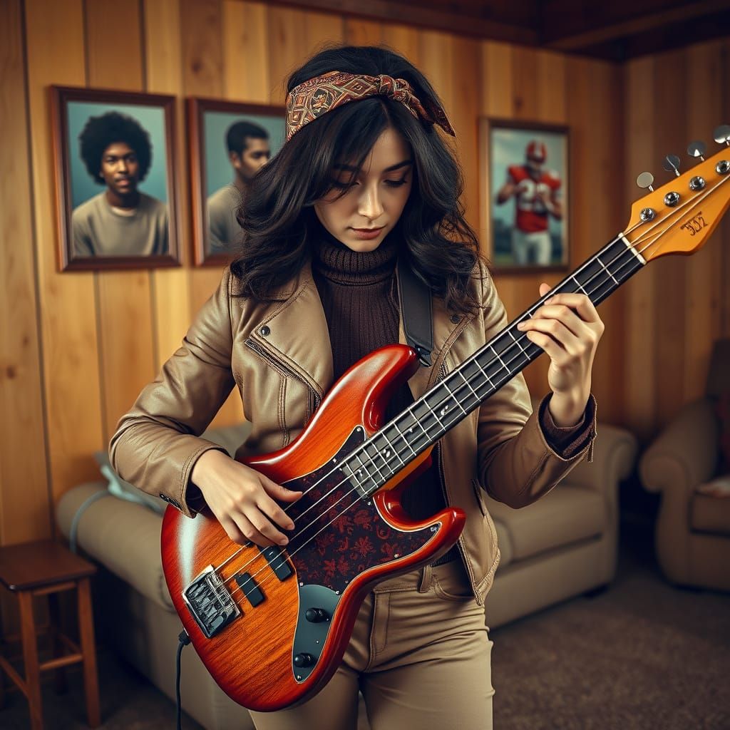 Woman Plays Bass in Warm, Earthy Room