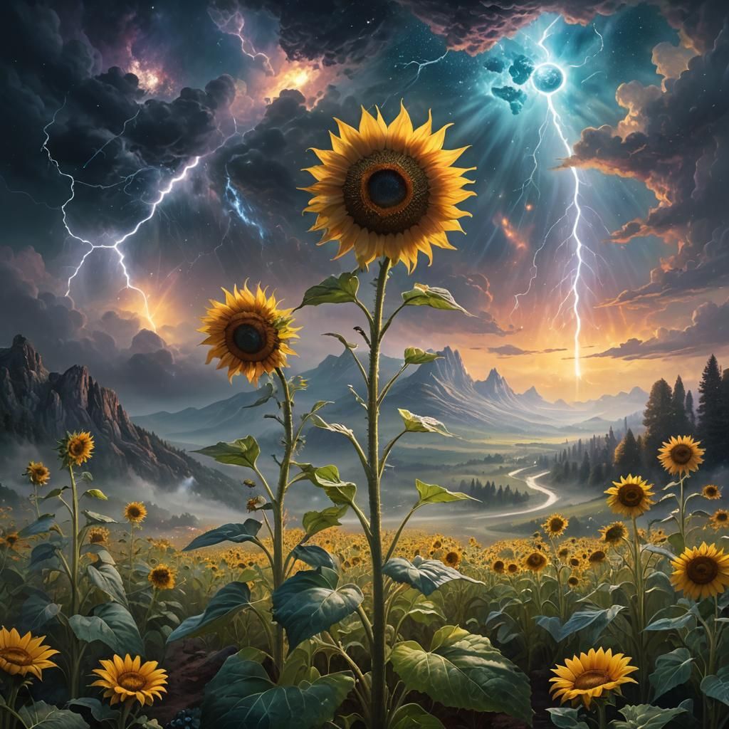 Galactic Alien Sunflower in a Thunderstorm Landscape