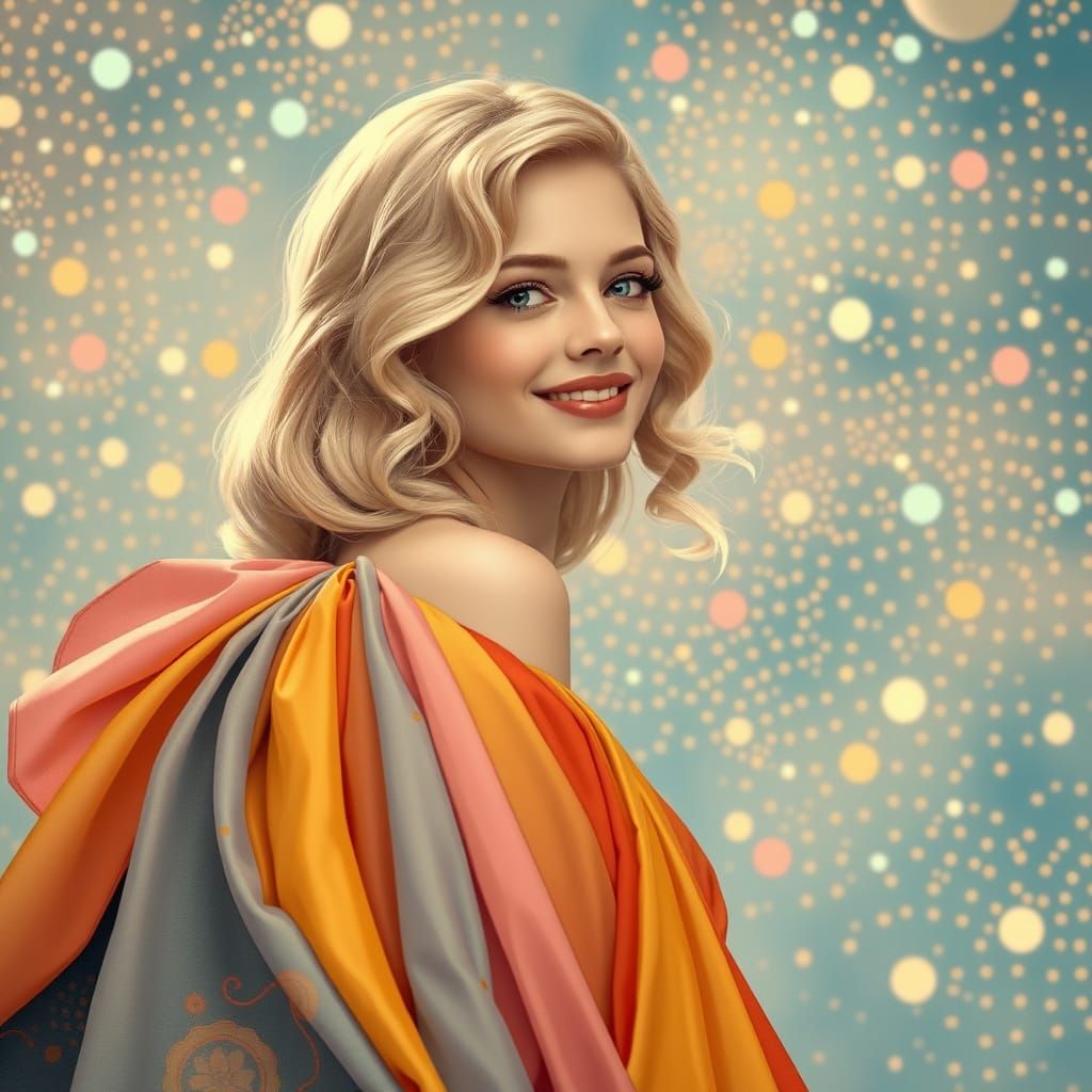 Ethereal European Woman in Rainbow Gown