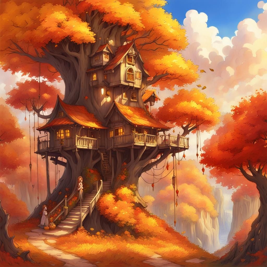 Whimsical Autumn Realm: Fae Treehouse in Vibrant Splendor