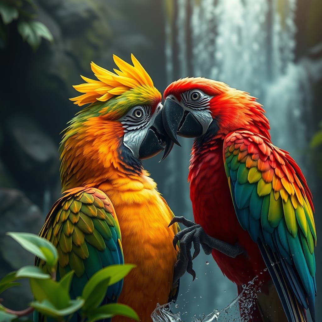 Parrot, waterfall, love.
