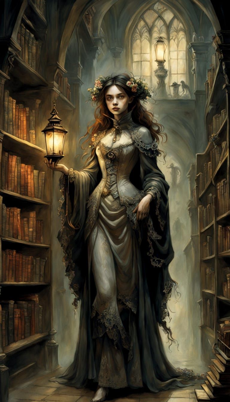 Ethereal Ghost of a Librarian in Victorian Attire Haunts a M...