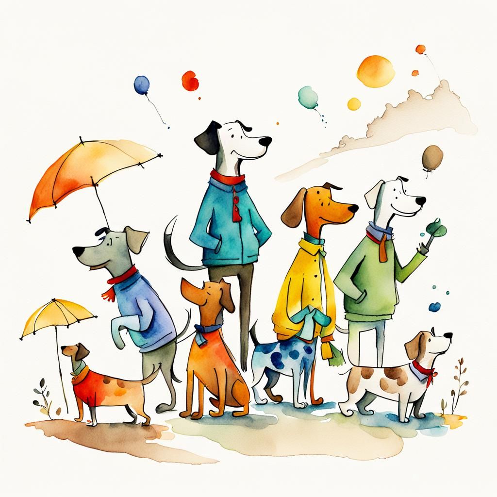 Stylized Cartoon Dog in Vibrant Outfits, Whimsical Watercolo...
