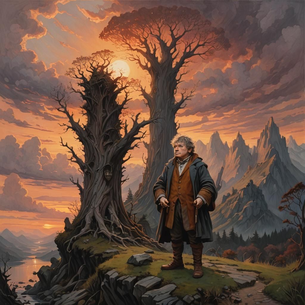 Grisly Oil Gouache Painting of Bilbo Baggins in a Sunset Mus...