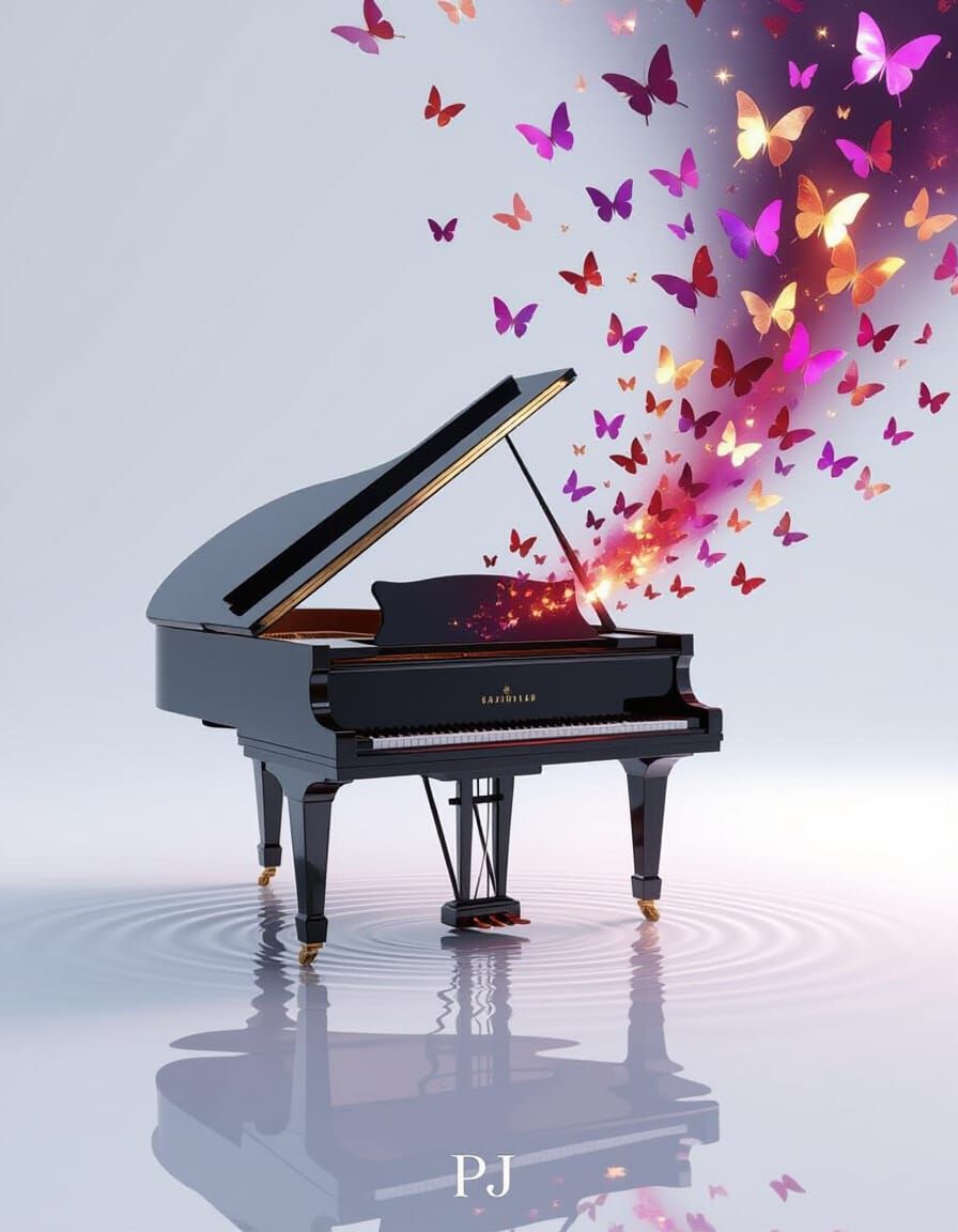 Floating Piano Plays Music in White Void