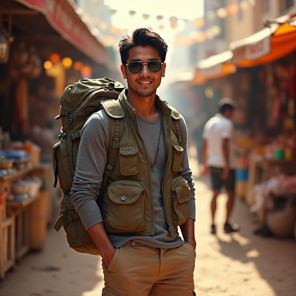 Man in Desert Marketplace: Hyperrealistic Outdoor Portrait