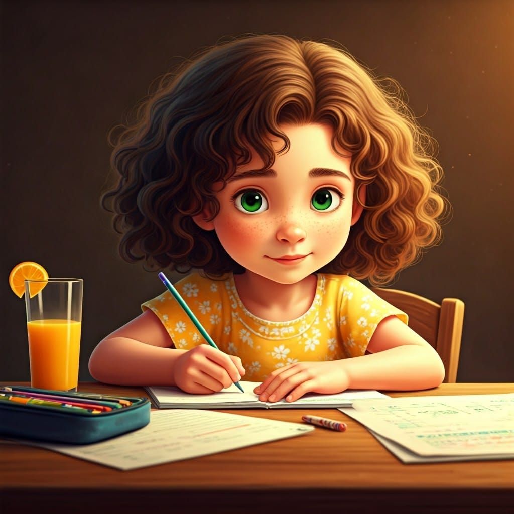 Cozy 6-Year-Old Girl Works on Homework in a Whimsical Settin...