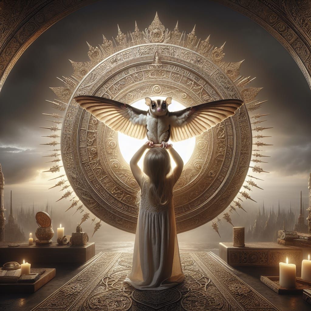 A little girl with a sugar glider on her shoulder Extraordinary intricate details Sharp focus. Clear contrast Underneath...