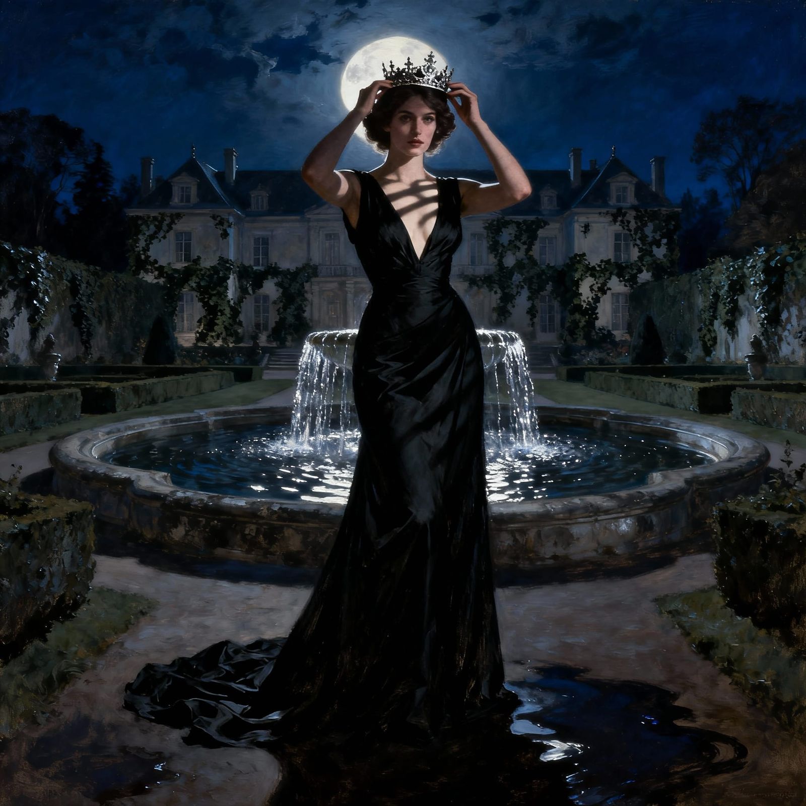 Elegant Woman in Black Dress Under Moonlight