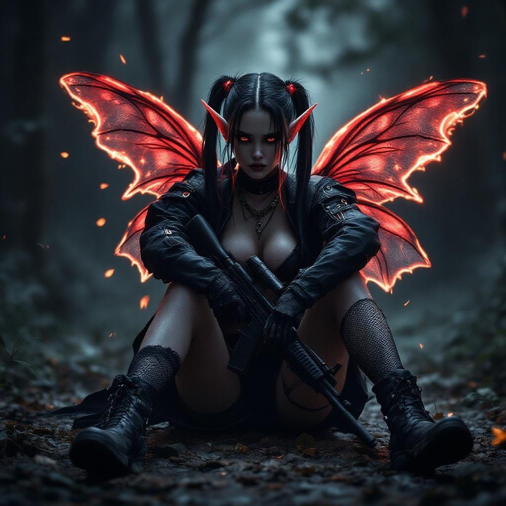 Dark Elf Fairy with AR17 in Photorealistic Fantasy Style