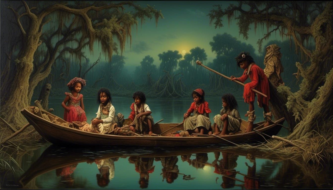 Whimsical Bayou Scene in Enchanting Trompe l'oeil Style