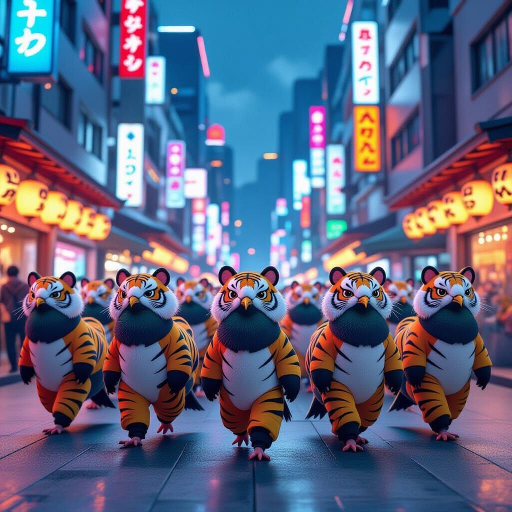 Pigeons in Tiger Costumes in Neon Metropolis
