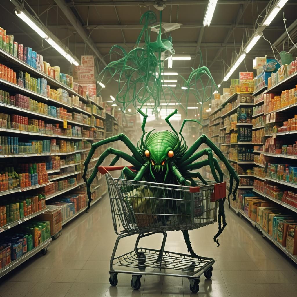 Cyberpunk Spider in Abandoned Supermarket