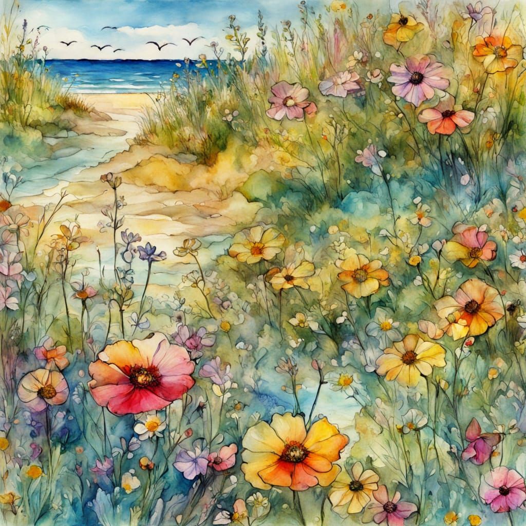 Colorful Cartoon Seashore with Wildflowers