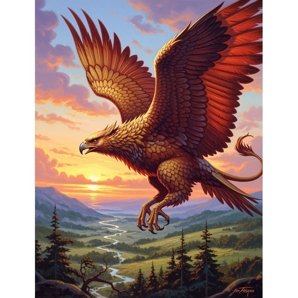 Majestic Griffin Soars Through Fiery Sunset Sky