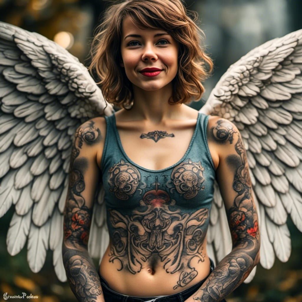 Angel Biker with Intricate Tattoos in Dark Fantasy Art