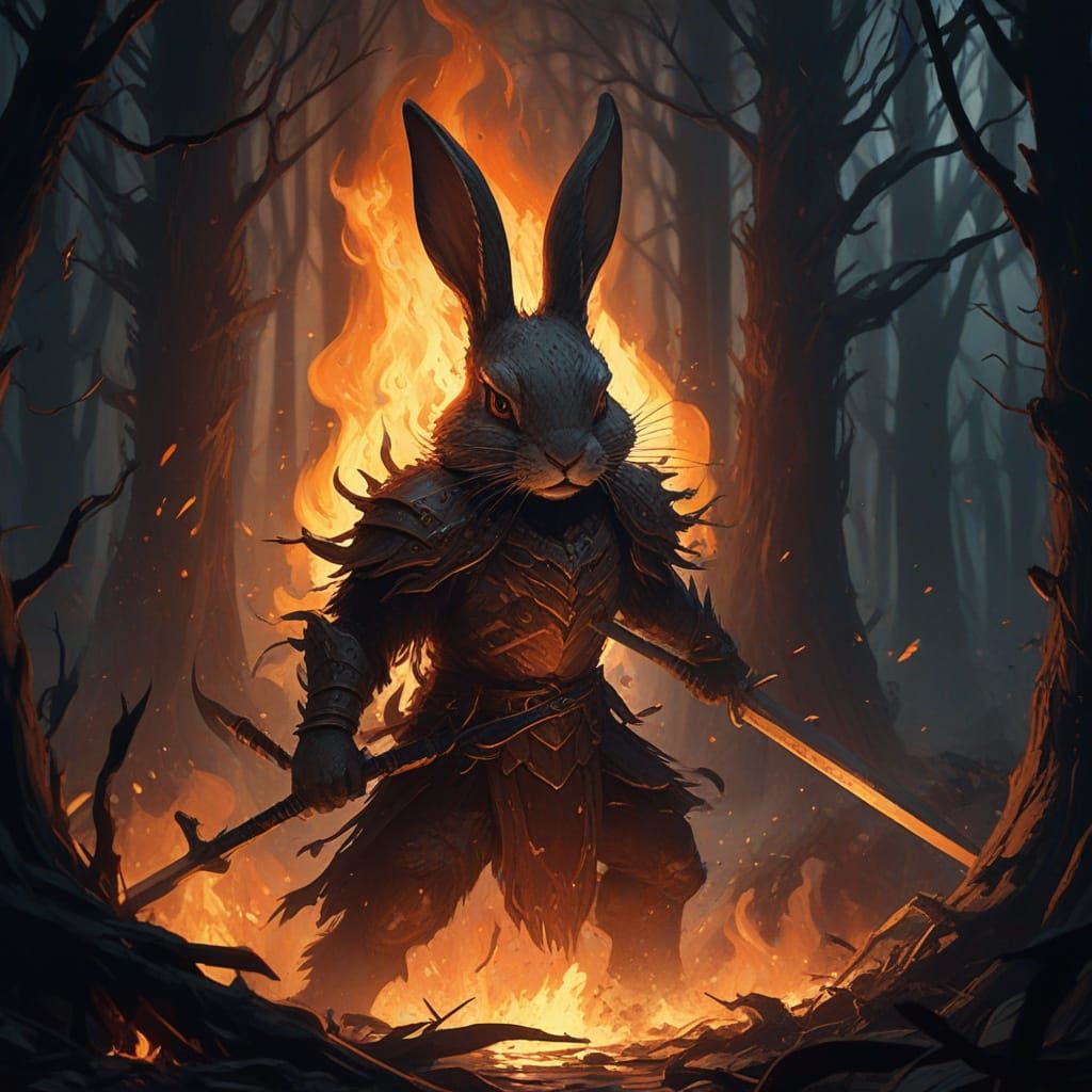Angry Rabbit Wields Fiery Swords in Dark Fantasy Forest