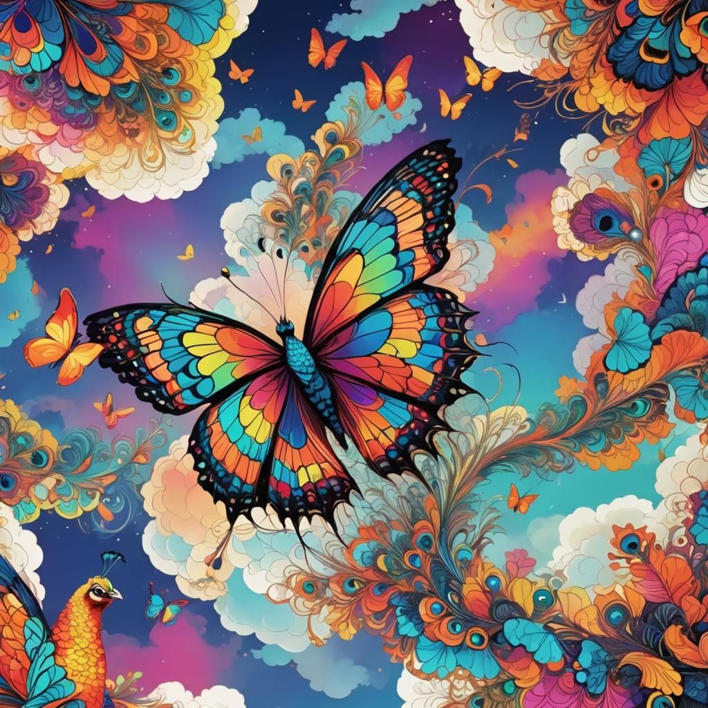 Vibrant Peacock in Neon Fractal Paradise