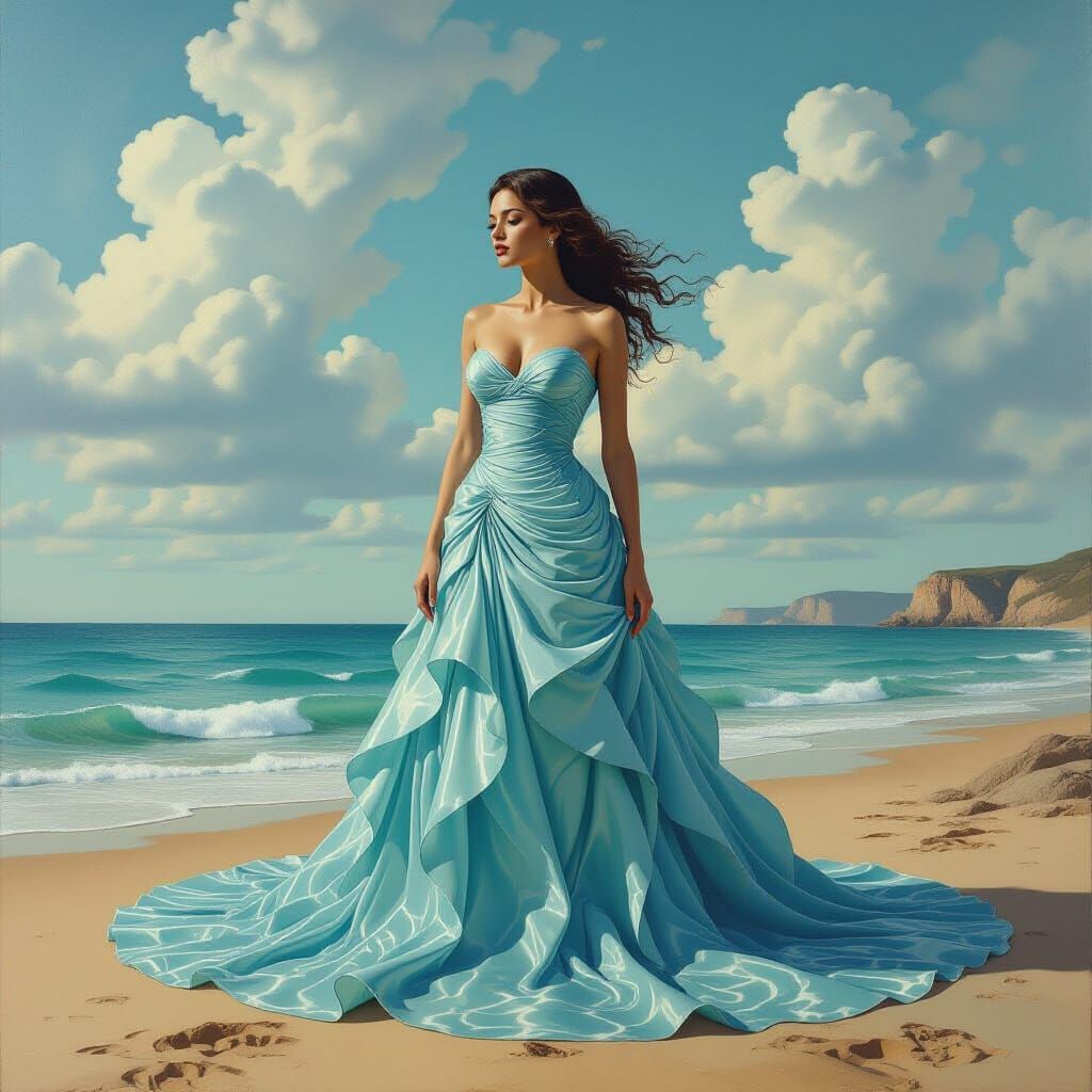 Surreal Woman in Water Dress Seaside Landscape