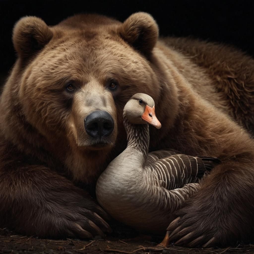Sympathetic Bear and Goose in Twilight