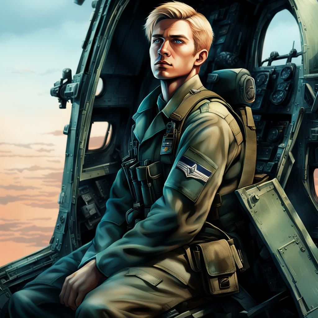 Youthful Helicopter Crew in Focused Determination