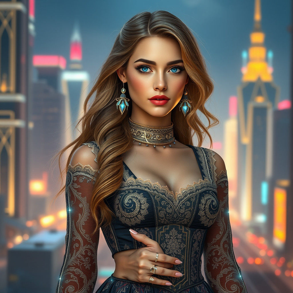 Glowing Russian Goddess in Futuristic Cityscape