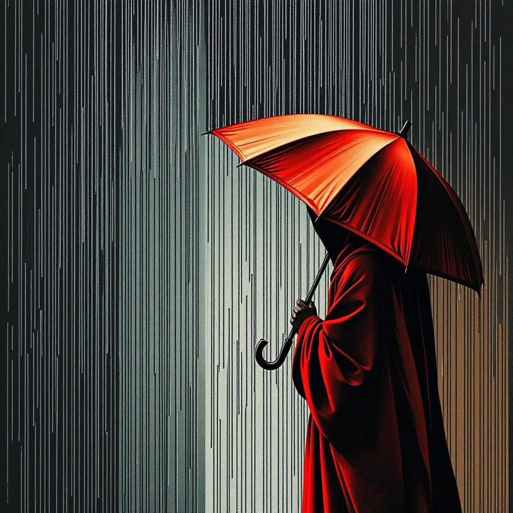 Woman in Red Robe Waiting Under Heavy Rain