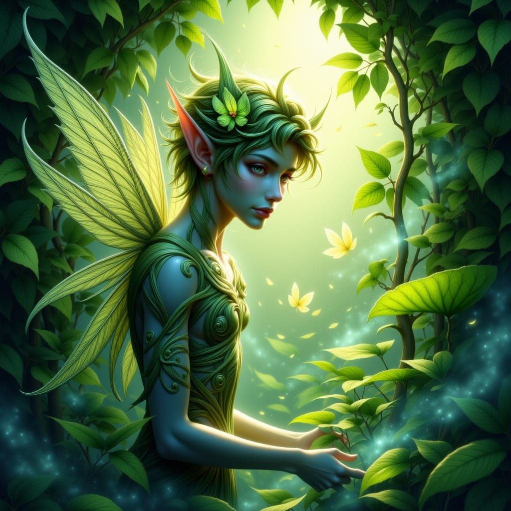 Whimsical Sprite in Lush Leaves, Art Nouveau Style