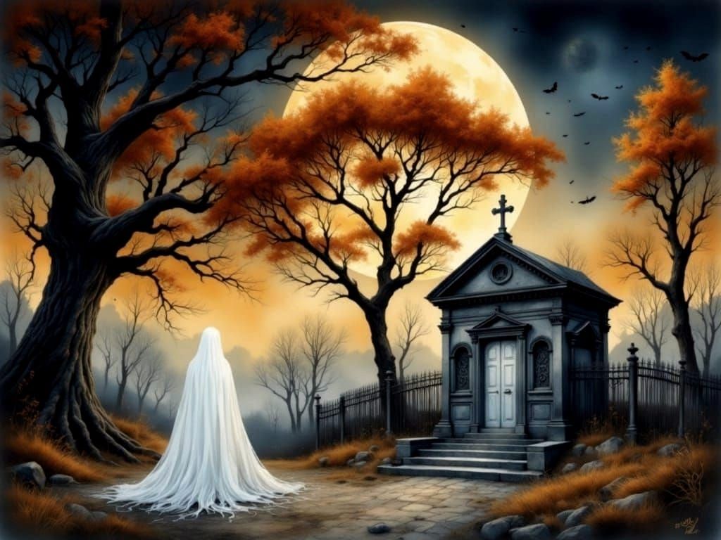 Spectral Ghost at Dilapidated Mausoleum Under Harvest Moon
