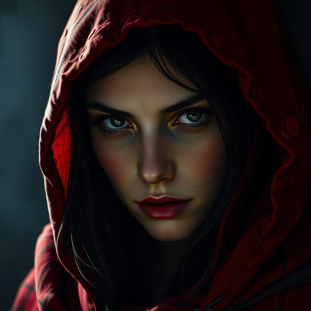 Woman in Red Hooded Cloak with Intense Gaze