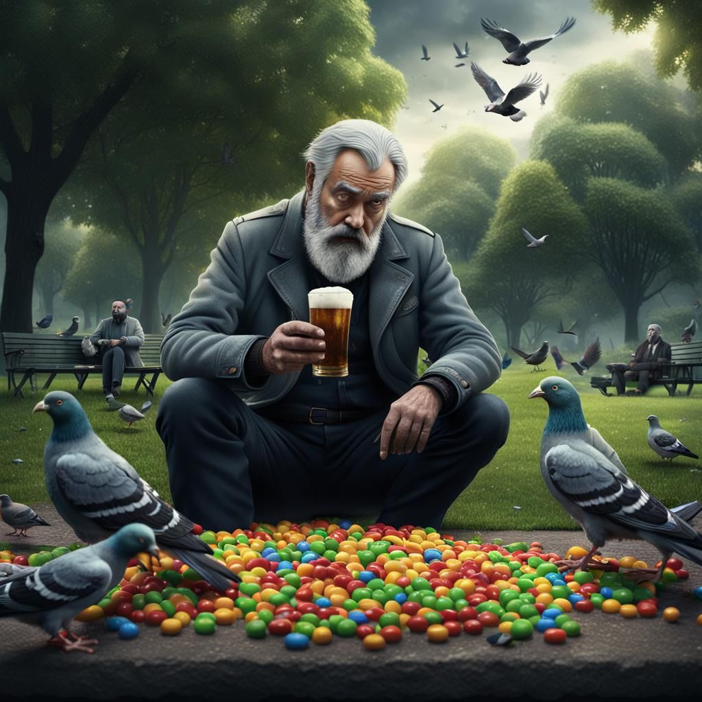 Epic Dramatic Digital Painting of Mature Man Feeding Pigeons...