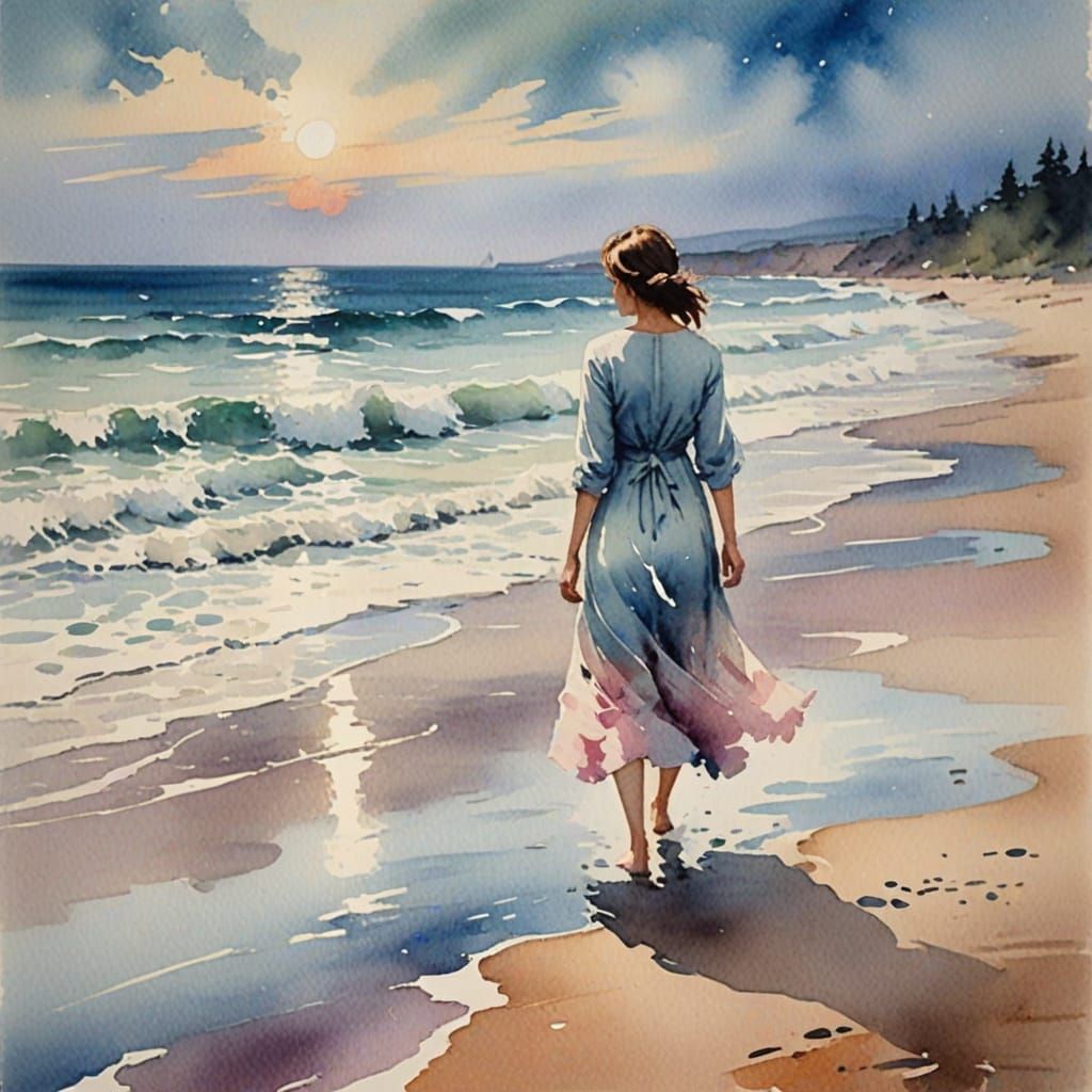 Woman Walking on Beach in Watercolor Painting