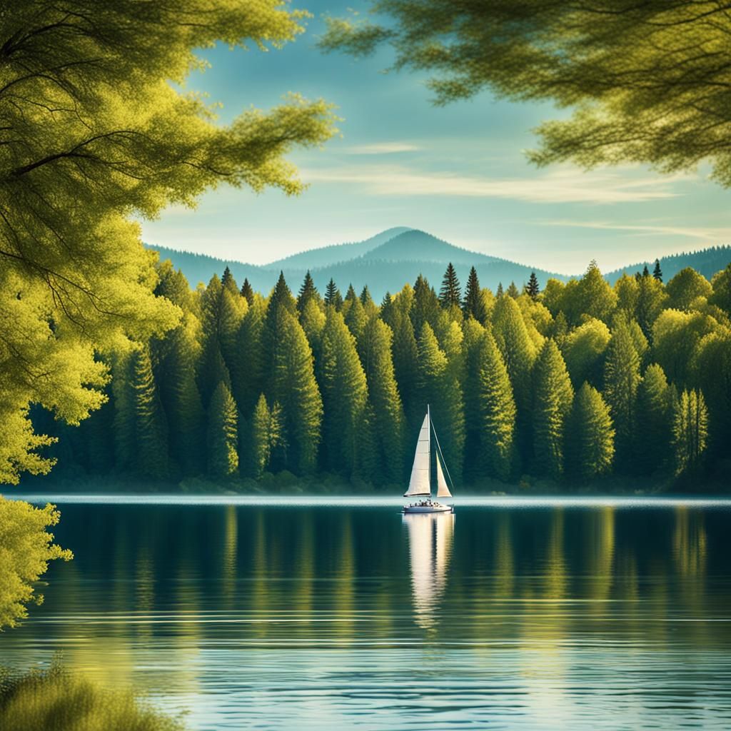 Serene Lake Landscape with Sailboat and Towering Trees