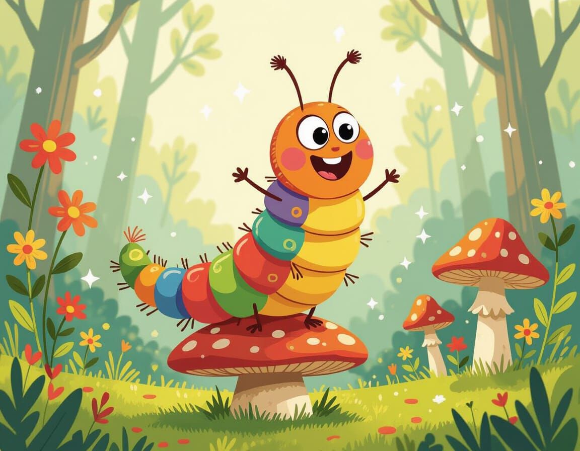 Happy Caterpillar Dance on a Mushroom