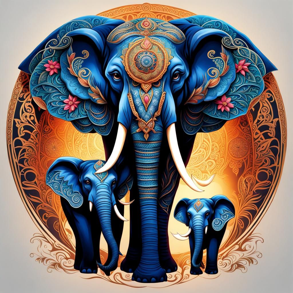 Elephant Mother and Baby in Vibrant Mandala Tattoo