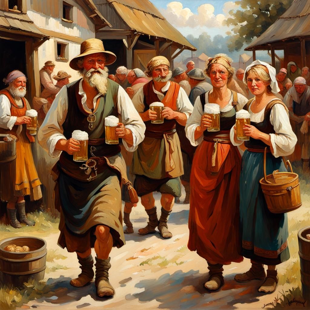 Joyful Hiberno-Saxon Harvest Festival in Vibrant Oil Paintin...