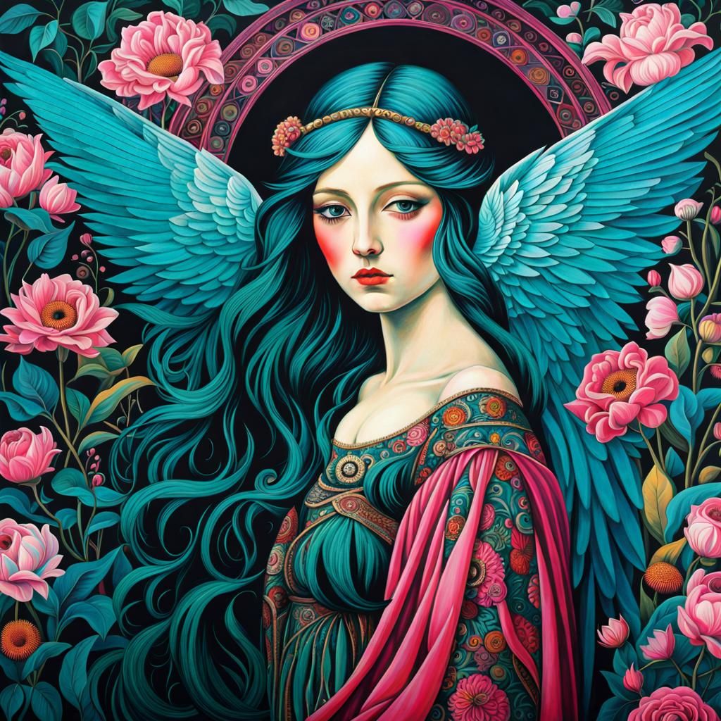 Ethereal Gothic Angel in Vibrant Pink Teal Splendor