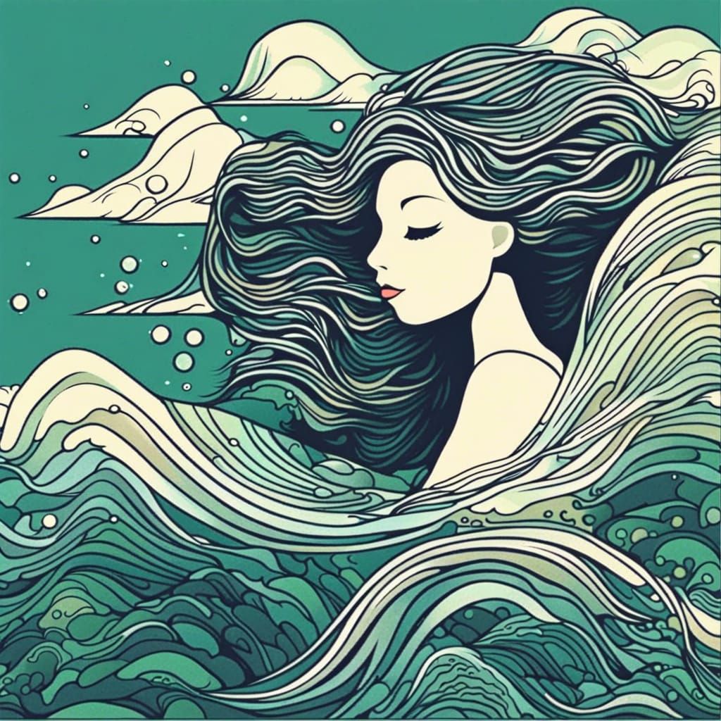 Ethereal Mermaid Amidst Fractal Waves in Abstract Vector Art