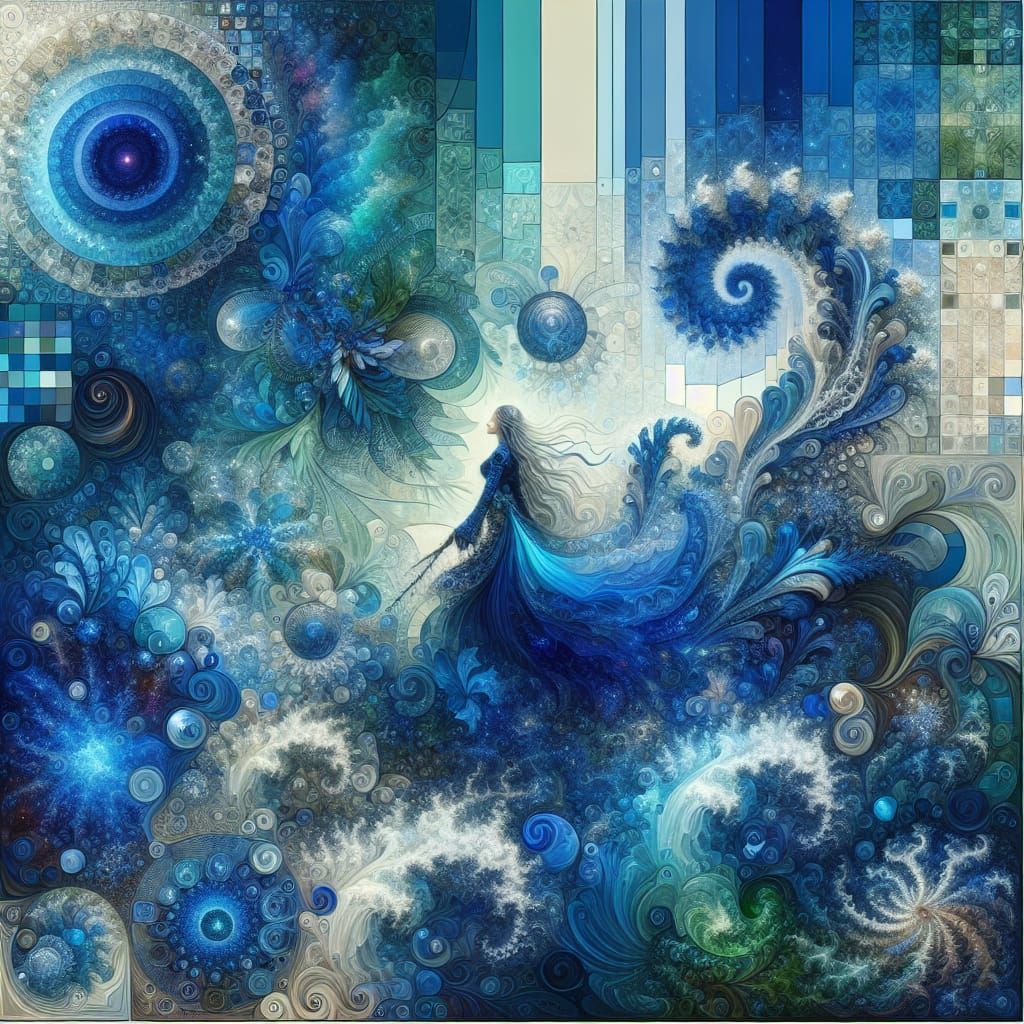 Fractal Lady Amidst Turquoise Hues in Prussian-Blue Dominanc...