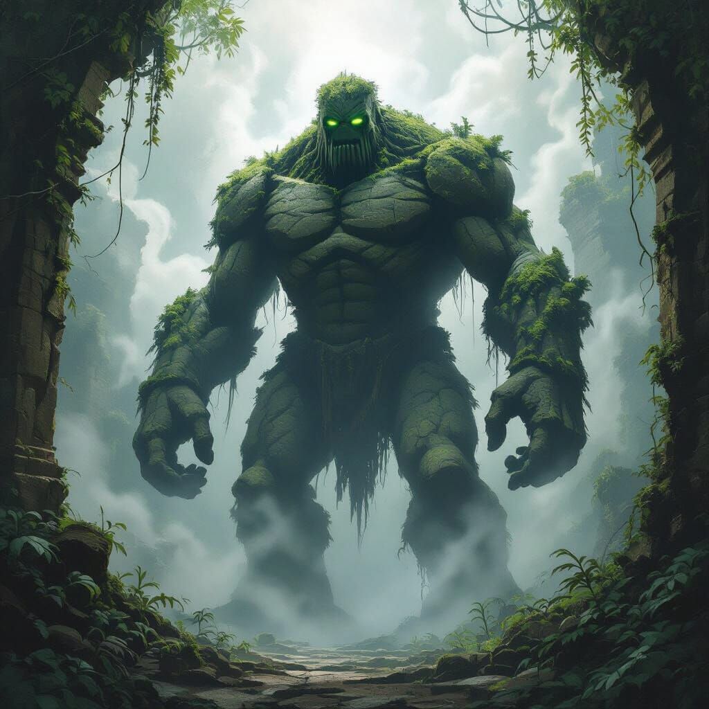 Stone Golem Guardian of Jungle Temple, Dark Fantasy Art