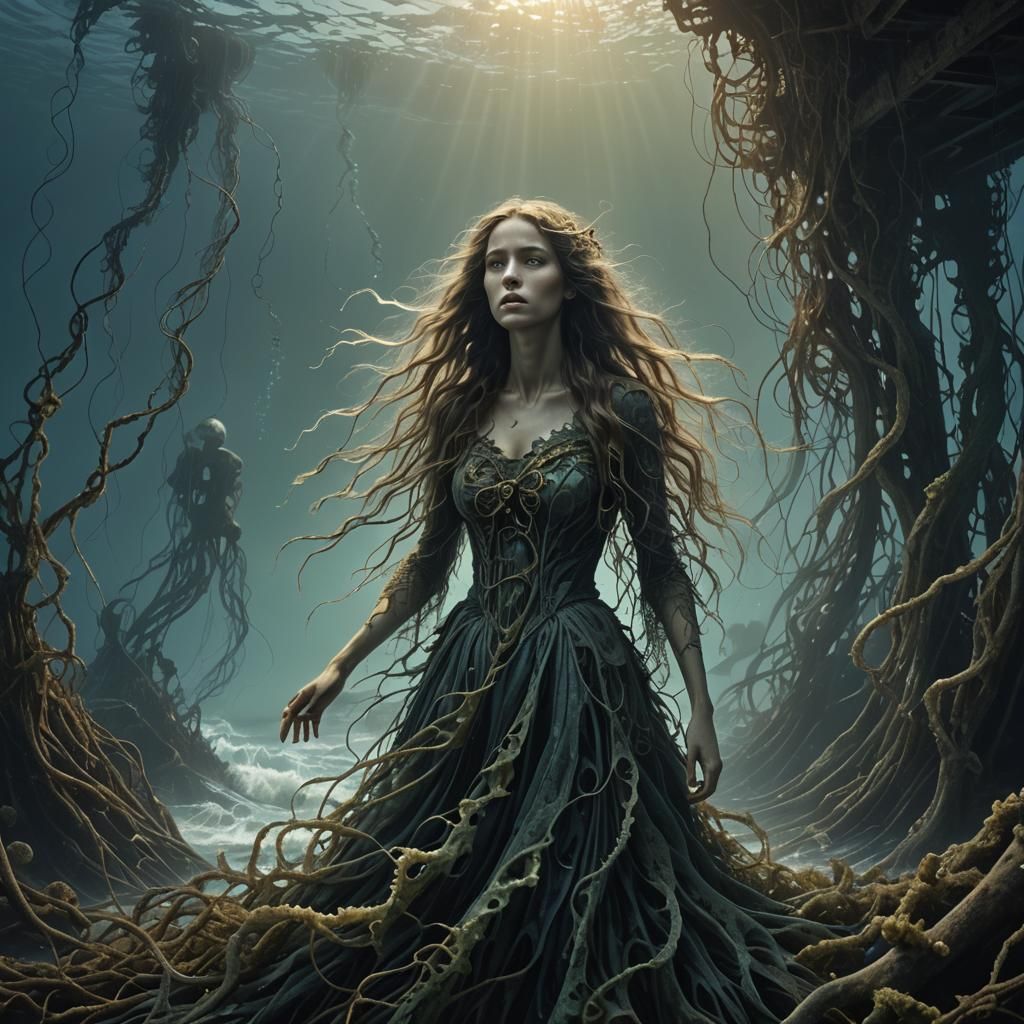 Elegant Siren Entwined in Sea Wreckage Amidst Moonlit Waves