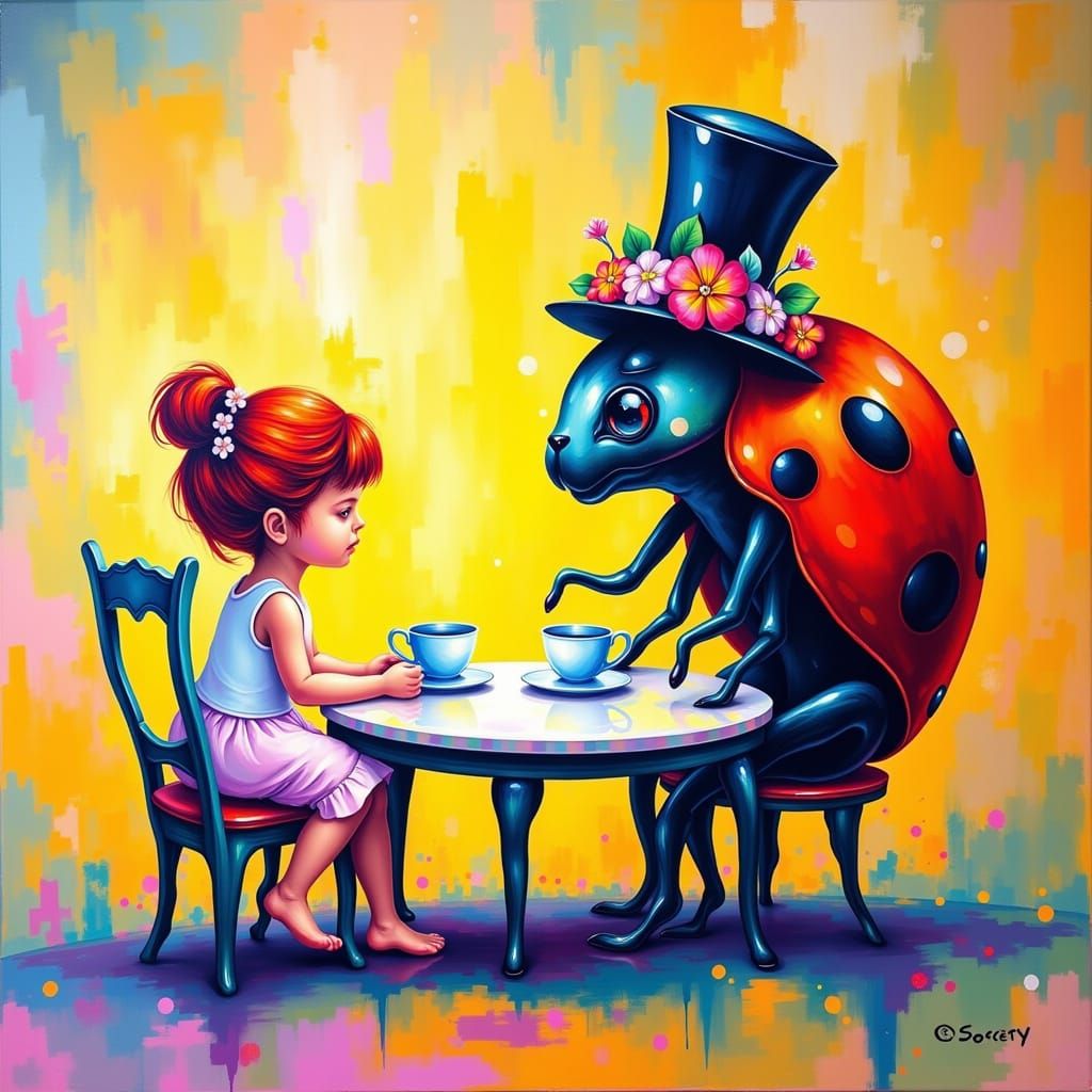 Surreal Tea Party with a Giant Ladybug