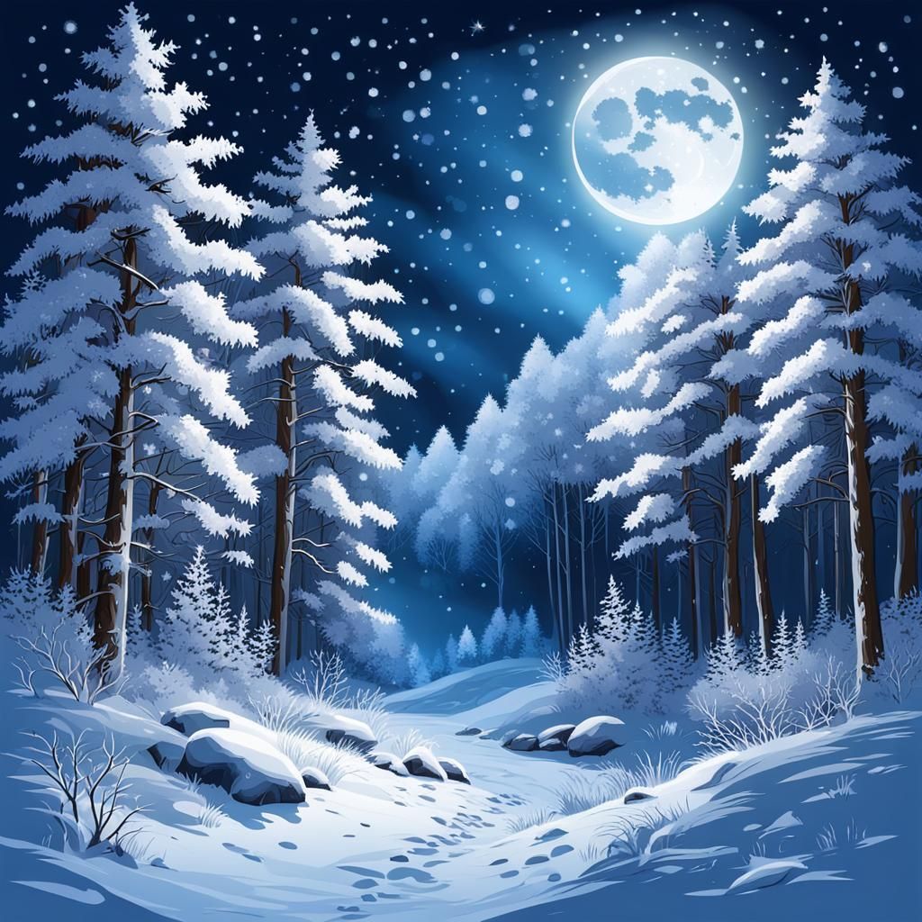 Serene Winter Forest Scene Under a Sparkling Moonlit Sky