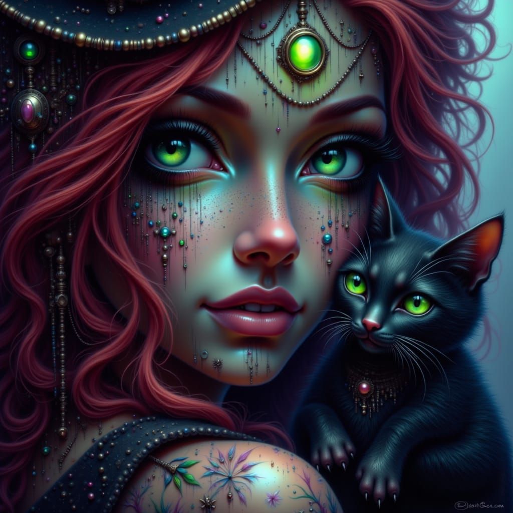 Lilith the Witch Cradling Black Cat Salem with Ethereal Glow