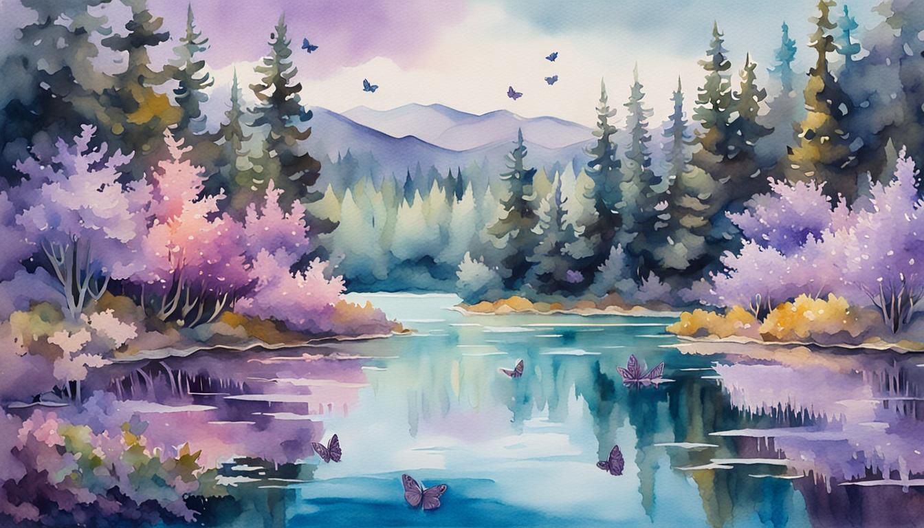 Serene Lake Landscape in Vibrant Watercolor